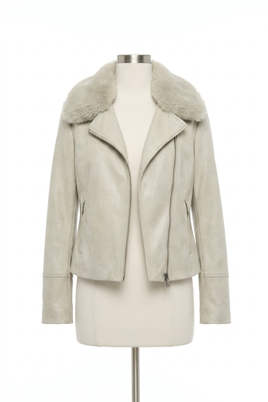 NEW JOSEPH RIBKOFF foiled suede swing with faux fur collar jacket in moonstone